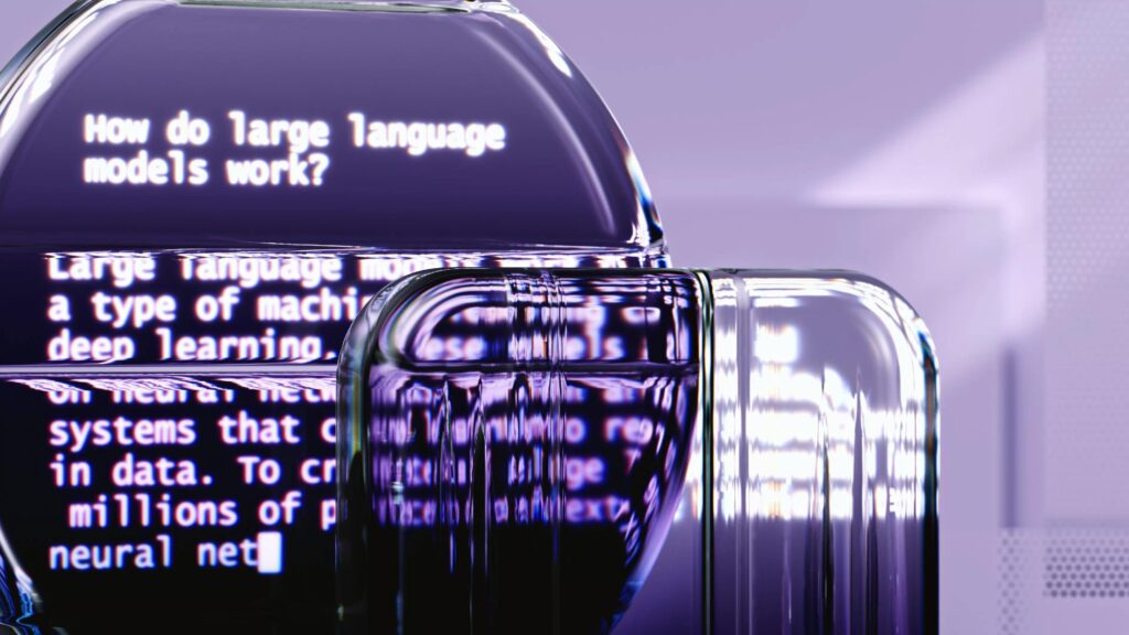 Purple backdrop with text on it defining large language models