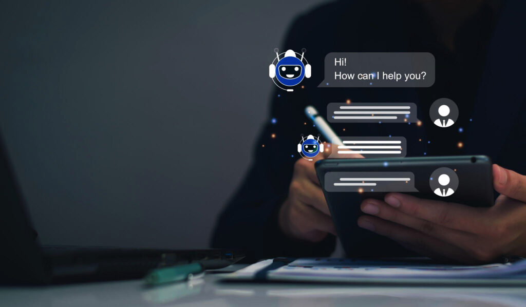 Image with person holding tablet with an overlay of chatbot interaction
