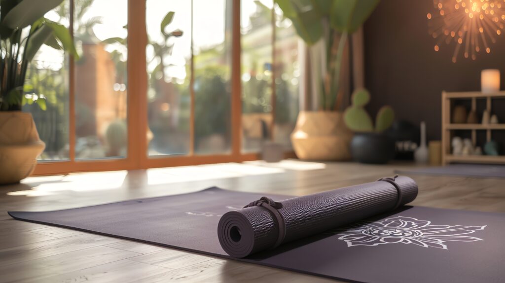 Yoga mat rolled on another mat in a studio