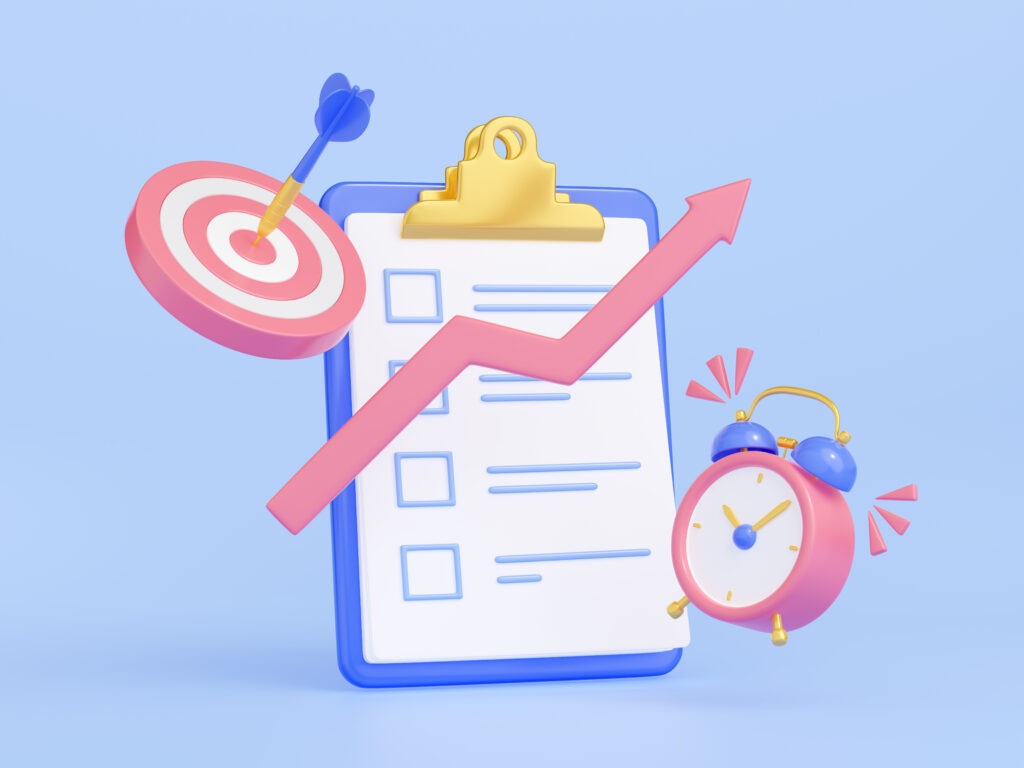Illustrated clipboard with bulls-eye target and clock to get your data house in order